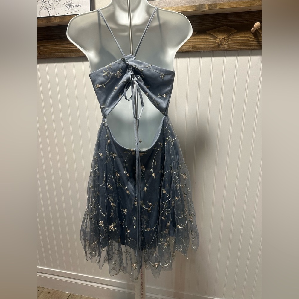Mgiacy Embroidered Fairy Mini Dress Floral Sz L Tulle Babydoll Mesh Overlay - Picture 2 of 10